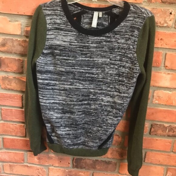 Anthropology SI-IAE Cashmere Sweater Top CutOut Soft ColorBlock Gray Black Green - Picture 2 of 16